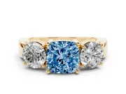 Cushion Cut Three Stone Engagement Ring Setting for a Fancy Blue Lab-Grown Diamond | Wide Plain Band | Yellow Gold