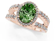Fancy Green Oval Cut Diamond Halo Ring Set in Rose gold with Pavé Split Shank and Prong Setting