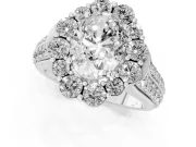 Oval Cut Diamond Halo Engagement Ring Set in White gold with Split Shank and Prong Setting