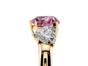 Heart-Shaped Three Stone Engagement Ring Setting for a Fancy Pink Lab-Grown Diamond | Matching Side Stones | Yellow Gold
