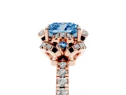 Fancy Blue Cushion Cut Diamond Halo Pavé Band Ring Set in Rose gold with Prong-Held Center