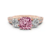 Cushion Cut Three Stone Engagement Ring Setting for a Fancy Pink Lab-Grown Diamond | Graduated Pave Band | Rose Gold