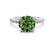 Fancy Green Round Cut Diamond Brilliant Solitaire Ring Set in Platinum with Pavé Band and Prong Setting