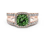 Fancy Green Cushion Cut Diamond Halo Ring Set in Rose gold with Pavé Split Shank and Prong Setting