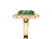Fancy Green Emerald Cut Halo Round Diamond Solitaire Ring Set in Yellow gold with Pavé Band and Prong Setting