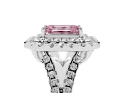 Emerald Cut Halo Split Shank Engagement Ring Setting for a Fancy Pink Lab-Grown Diamond | Pavé Strands | Platinum
