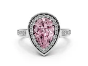 Fancy Pink Pear Cut Diamond Halo Solitaire Ring Set in Platinum with Pavé Band and Bezel Setting