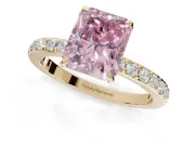 Radiant Cut Hidden Halo Engagement Ring Setting for a Fancy Pink Lab-Grown Diamond | Pavé Band | Yellow Gold