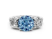 Round Three Stone Engagement Ring Setting for a Fancy Blue Lab-Grown Diamond | Accented Shoulders | Platinum