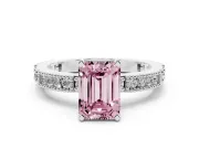 Fancy Pink Emerald Cut Diamond Solitaire Ring Set in Platinum with Slim Pavé Band and Prong Setting