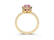 Fancy Pink Cushion Cut Diamond Halo Pavé Band Ring Set in Yellow gold with Prong-Held Center