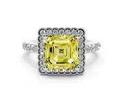 Fancy Yellow Asscher Cut Diamond Milgrain Floral Halo Engagement Ring Set in Platinum with Pavé Band