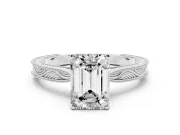 Emerald Cut Diamond Solitaire Milgrain Engraved Band Set in Platinum with Prong Setting