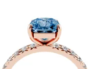 Fancy Blue Radiant Cut Diamond Pavé Solitaire Ring Set in Rose gold with Round Band and Prong Setting
