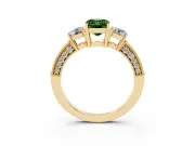 Fancy Green Emerald Cut Diamond Three-Stone Ring Set in Yellow gold with Round Side Stones and Pavé Band