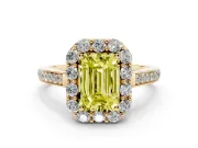 Fancy Yellow Emerald Cut Diamond Floral Halo Ring Set in Yellow gold with Pavé Band and Prong Setting