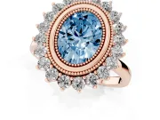Fancy Blue Oval Cut Diamond Halo Ring Set in Rose gold with Milgrain Edge and Round Prong Setting
