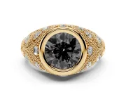 Round Vintage Bezel Engagement Ring Setting for a Black Center | Milgrain Band | Yellow Gold