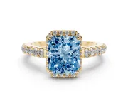 Fancy Blue Radiant Cut Diamond Halo Engagement Ring Set in Yellow gold with Pavé Band and Prong Setting