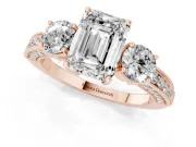 Emerald Cut Vintage Three Stone Engagement Ring Setting | Graduated Milgrain Pave | Rose Gold
