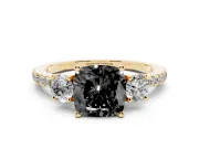 Cushion Cut Three Stone Engagement Ring Setting for a Black Center | Pavé Shoulders | Yellow Gold