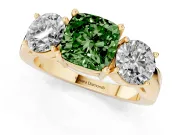 Cushion Cut Three Stone Engagement Ring Setting for a Fancy Green Lab-Grown Diamond | Wide Plain Band | Yellow Gold