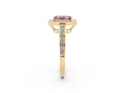 Fancy Pink Emerald Cut Diamond Halo Pavé Engagement Ring Set in Yellow gold with Bezel Setting
