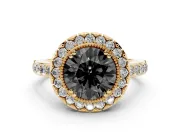 Round Milgrain Halo Engagement Ring Setting for a Black Center | Pavé Shoulders | Yellow Gold
