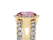 Fancy Pink Oval Cut Diamond Halo Ring Set in Yellow gold with Pavé Split Shank and Prong Setting