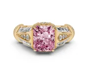 Fancy Pink Radiant Cut Diamond Vintage-Inspired Milgrain Ring Set in Yellow gold with Accent Split Shank