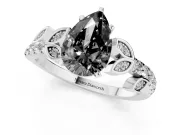 Fancy Black Pear Cut Diamond Solitaire Leaf-Inspired Ring Set in Silver with Pavé Band and Prong Setting