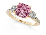 Cushion Cut Three Stone Engagement Ring Setting for a Fancy Pink Lab-Grown Diamond | Pave Shoulders | Yellow Gold