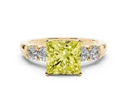 Fancy Yellow Princess Cut Diamond Five-Stone Prong Set Engagement Ring Set in Yellow gold with Channel Band