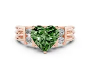 Fancy Green Three-Stone Heart Cut Diamond Channel Set Ring Set in Rose gold with Bar Prongs