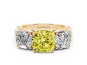 Fancy Yellow Cushion Cut Diamond Three-Stone Ring Set in Yellow gold with Textured Band