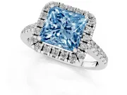 Princess Cut Halo Engagement Ring Setting for a Fancy Blue Lab-Grown Diamond | Pave Shoulders | Sterling Silver