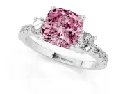 Fancy Pink Three-Stone Cushion Cut Diamond Pavé Band Ring Set in Silver with Prong Setting