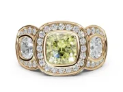 Cushion Cut Three Stone Halo Engagement Ring Setting for a Fancy Yellow Lab-Grown Diamond | Bezel Set | Yellow Gold