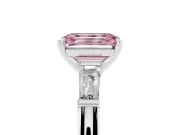 Fancy Pink Emerald Cut Diamond Solitaire Ring Set in Platinum with Tapered Baguette Side Stones and Prong Setting