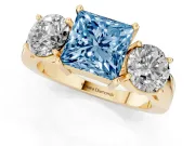 Princess Cut Three Stone Engagement Ring Setting for a Fancy Blue Lab-Grown Diamond | Wide Plain Band | Yellow Gold
