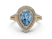Fancy Blue Pear Cut Diamond Double Halo Ring Set in Yellow gold with Pavé Band