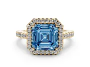Asscher Cut Pave Halo Engagement Ring Setting for a Fancy Blue Lab-Grown Diamond | Yellow Gold