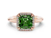 Fancy Green Asscher Cut Diamond Halo Engagement Ring Set in Rose gold with Plain Split Shank and Prong Setting