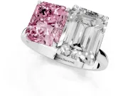 Fancy Pink Radiant Cut and Emerald Cut Toi Moi Ring Set in White gold with Prong Setting
