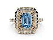 Fancy Blue Emerald Cut Diamond Double Halo Statement Ring Set in Yellow gold with Pavé Band