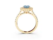 Fancy Blue Oval Cut Diamond Milgrain Floral Halo Engagement Ring Set in Yellow gold with Pavé Band