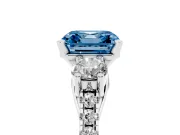 Fancy Blue Three-Stone Asscher Cut Diamond Pavé Band Ring Set in Platinum with Prong-Set Trio