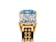 Princess Cut Three Stone Engagement Ring Setting for a Fancy Blue Lab-Grown Diamond | Beaded Shoulders | Yellow Gold