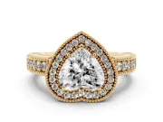Heart-Shaped Vintage Milgrain Halo Engagement Ring Setting | Carved Leaf Detail | Yellow Gold