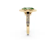 Fancy Green Marquise Cut Diamond Halo Solitaire Ring Set in Yellow gold with Pavé Band and Bezel Setting